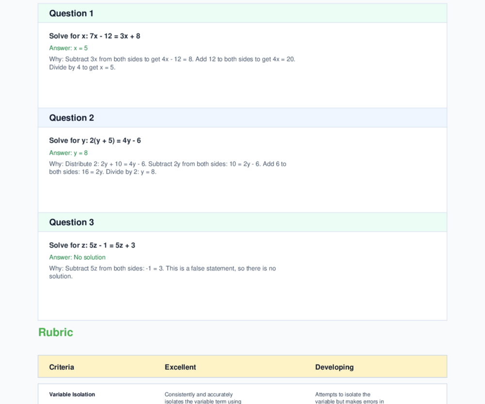 Generated algebra assessment preview for solving linear equations with variables on both sides
