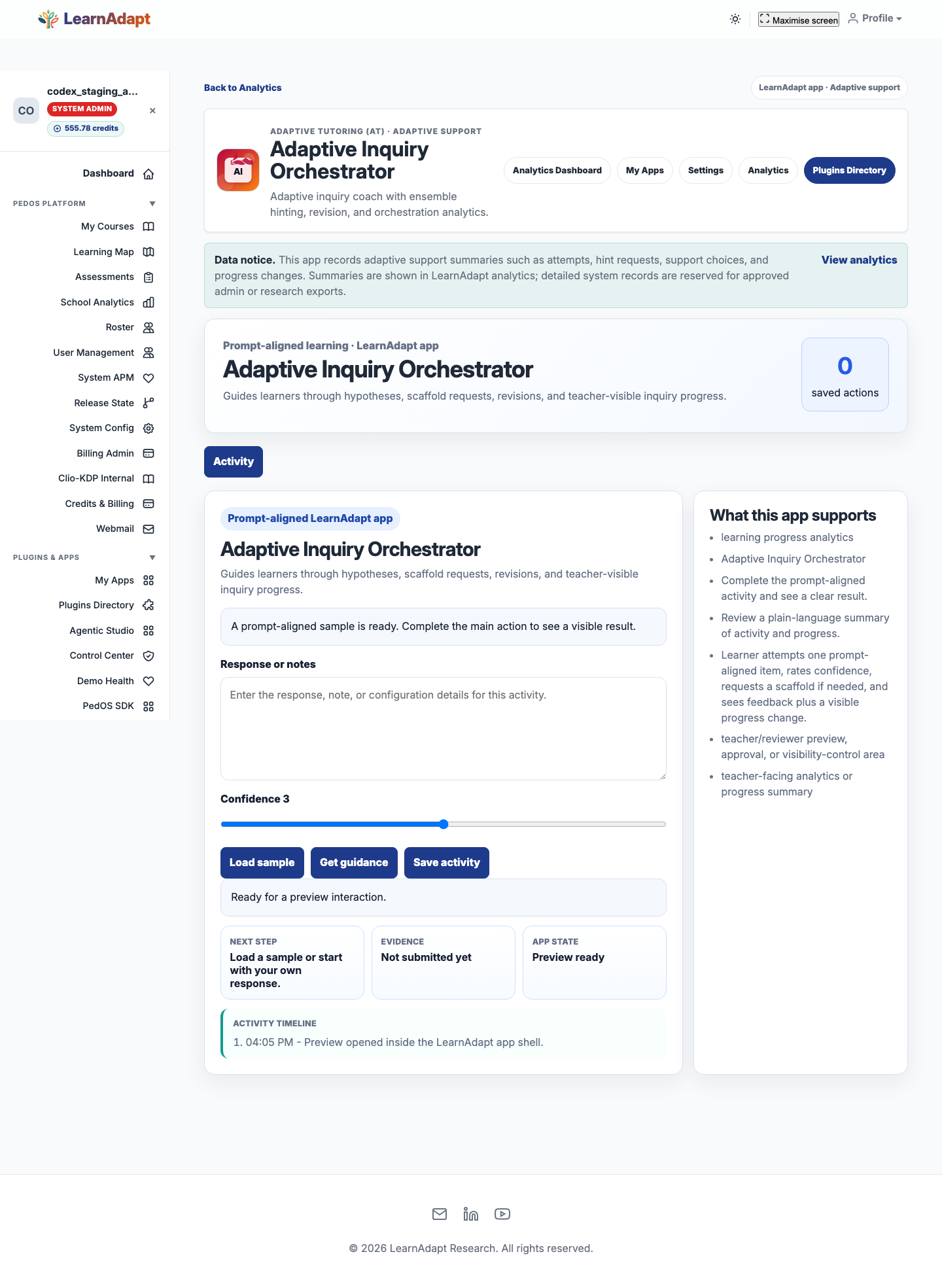 Adaptive Inquiry Orchestrator opens inside the selected LearnAdapt placement.