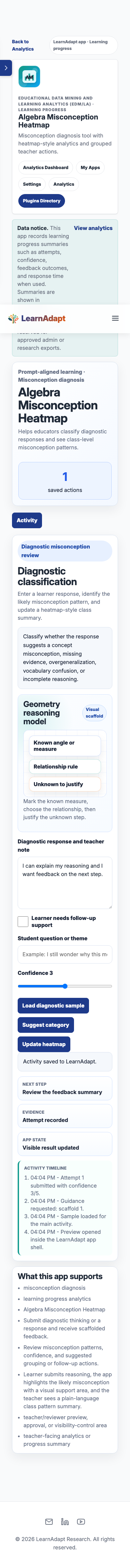 Algebra Misconception Heatmap on a mobile-width installed view.