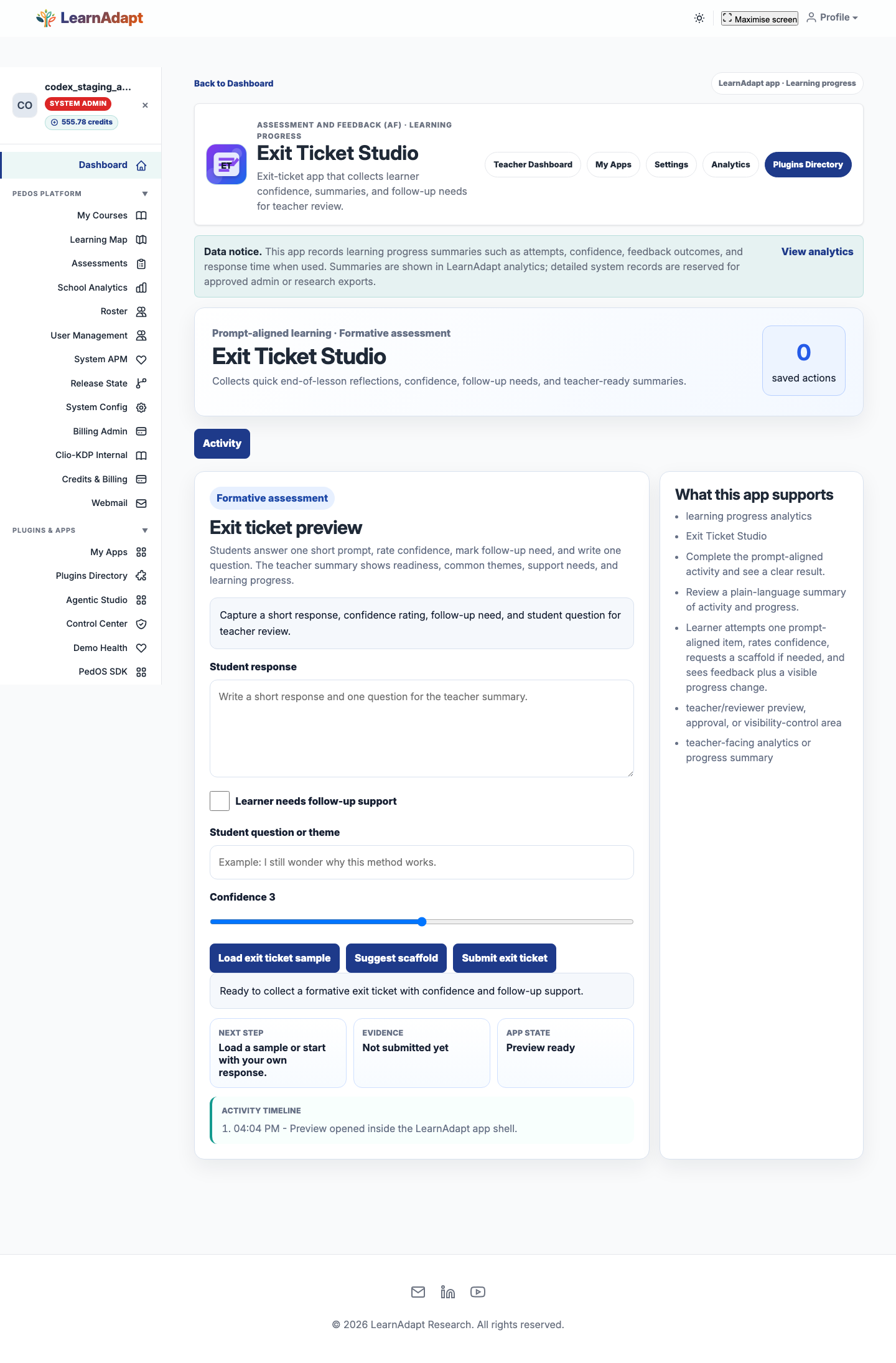Exit Ticket Studio opens inside the selected LearnAdapt placement.