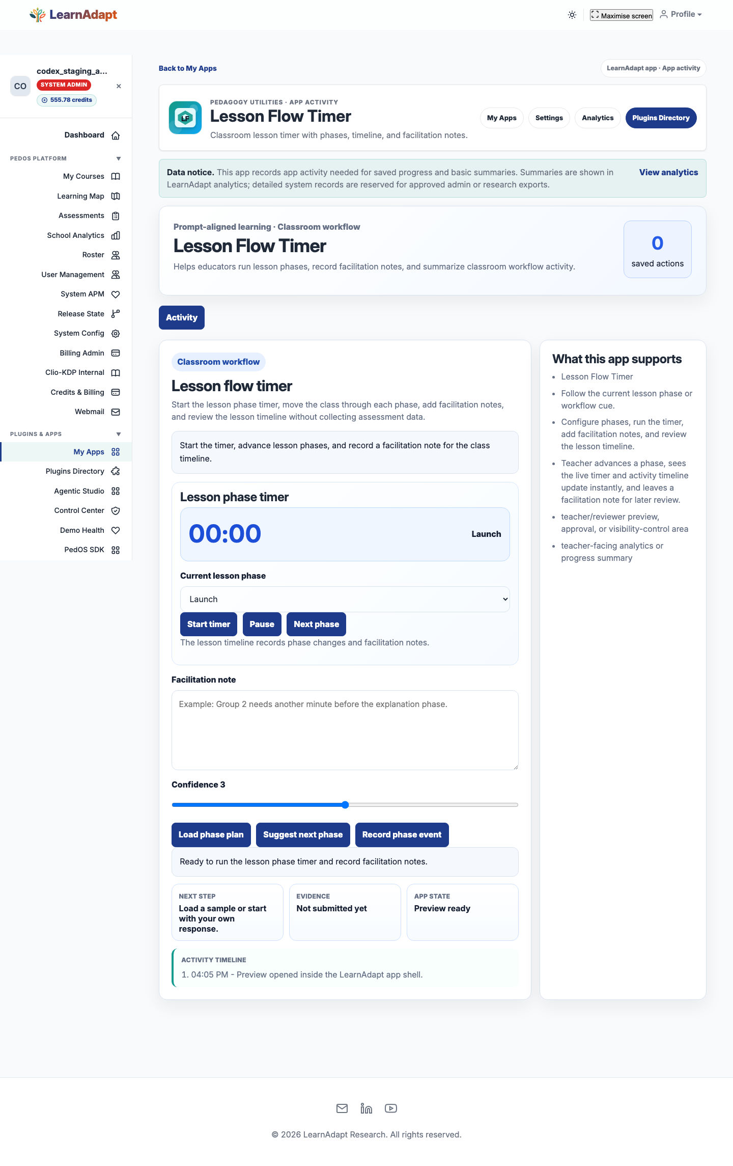 Lesson Flow Timer opens inside the selected LearnAdapt placement.