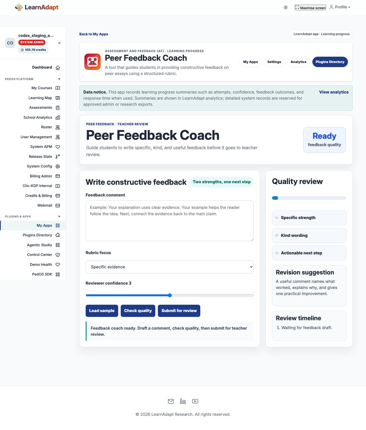Peer Feedback Coach opens inside the selected LearnAdapt placement.