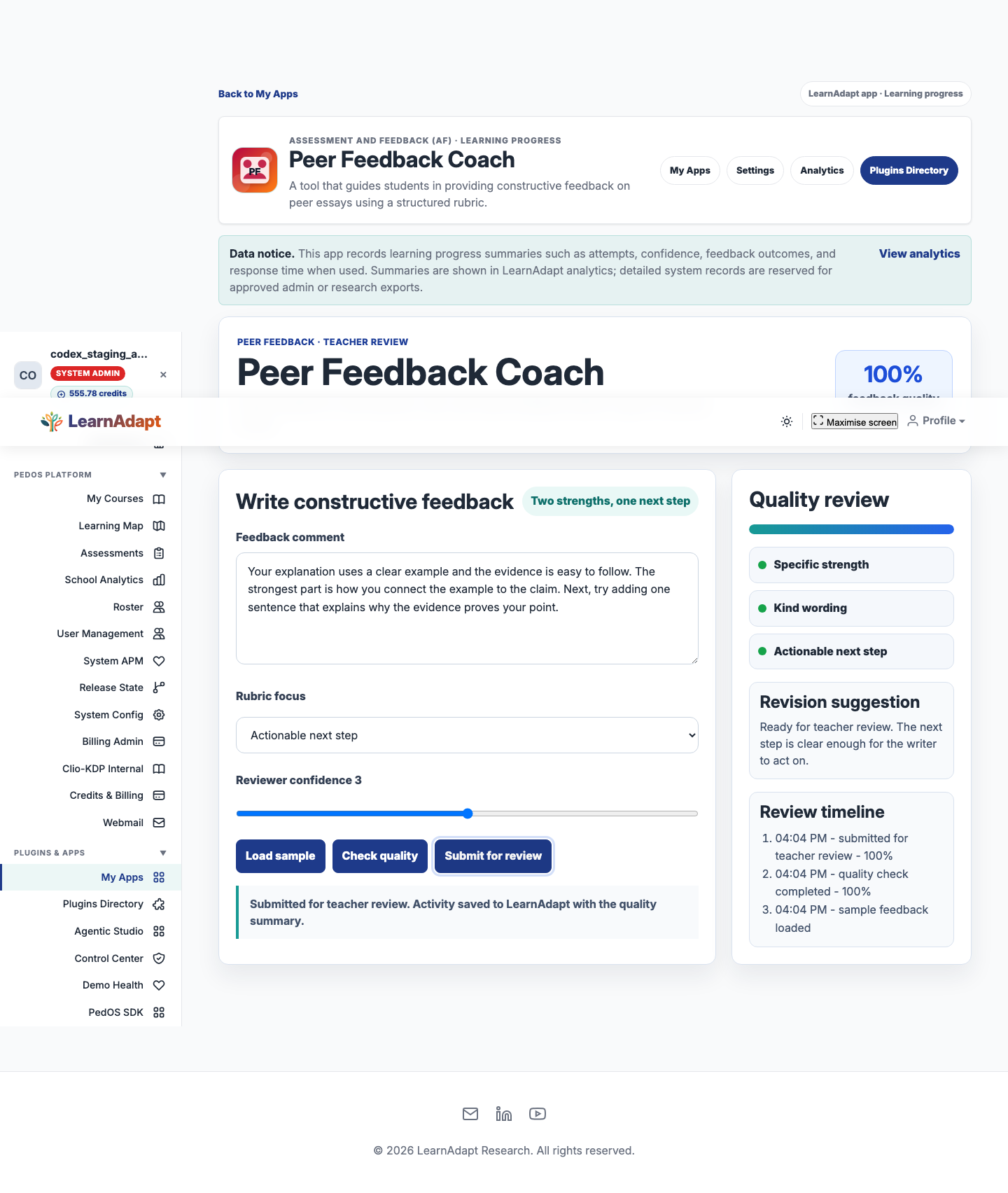 Peer Feedback Coach after a real installed-user interaction.