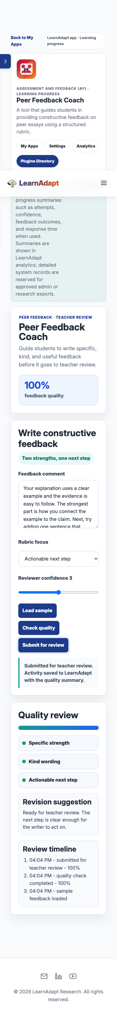 Peer Feedback Coach on a mobile-width installed view.