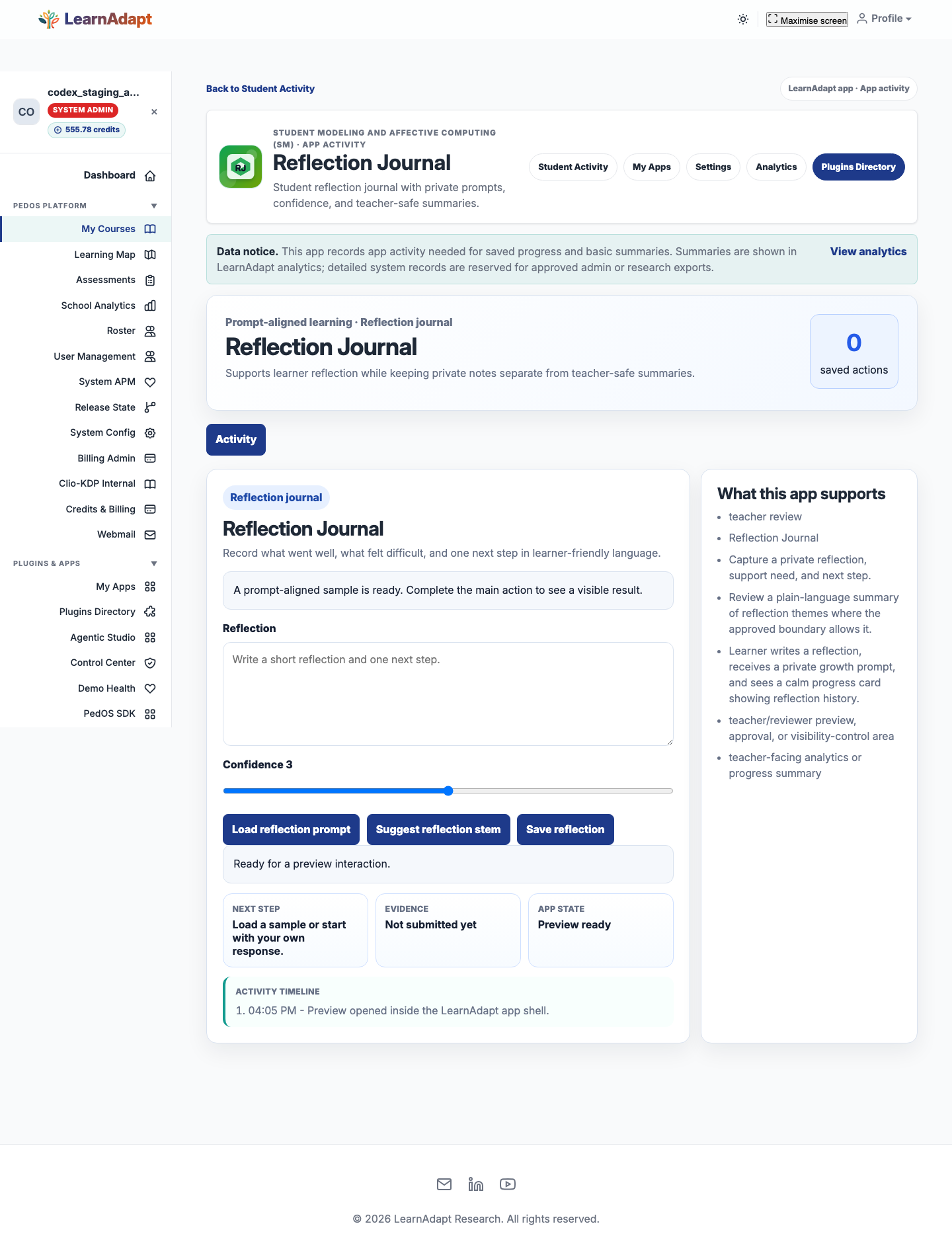 Reflection Journal opens inside the selected LearnAdapt placement.