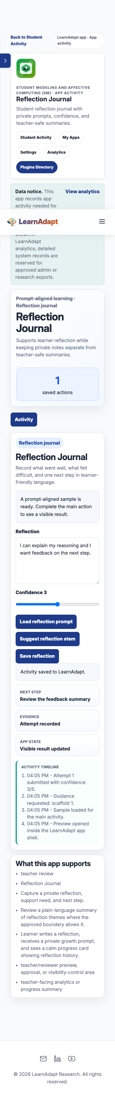 Reflection Journal on a mobile-width installed view.