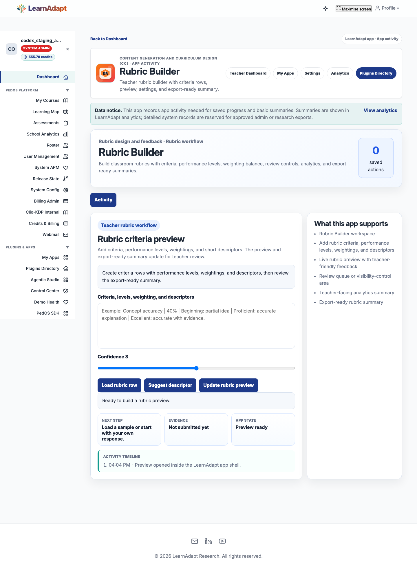 Rubric Builder opens inside the selected LearnAdapt placement.