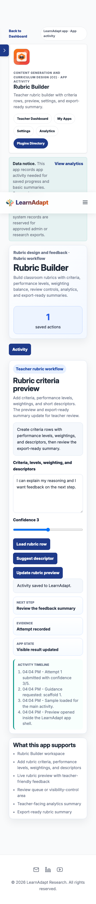 Rubric Builder on a mobile-width installed view.