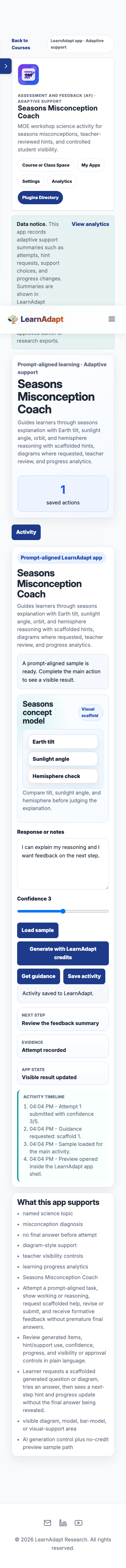 Seasons Misconception Coach on a mobile-width installed view.